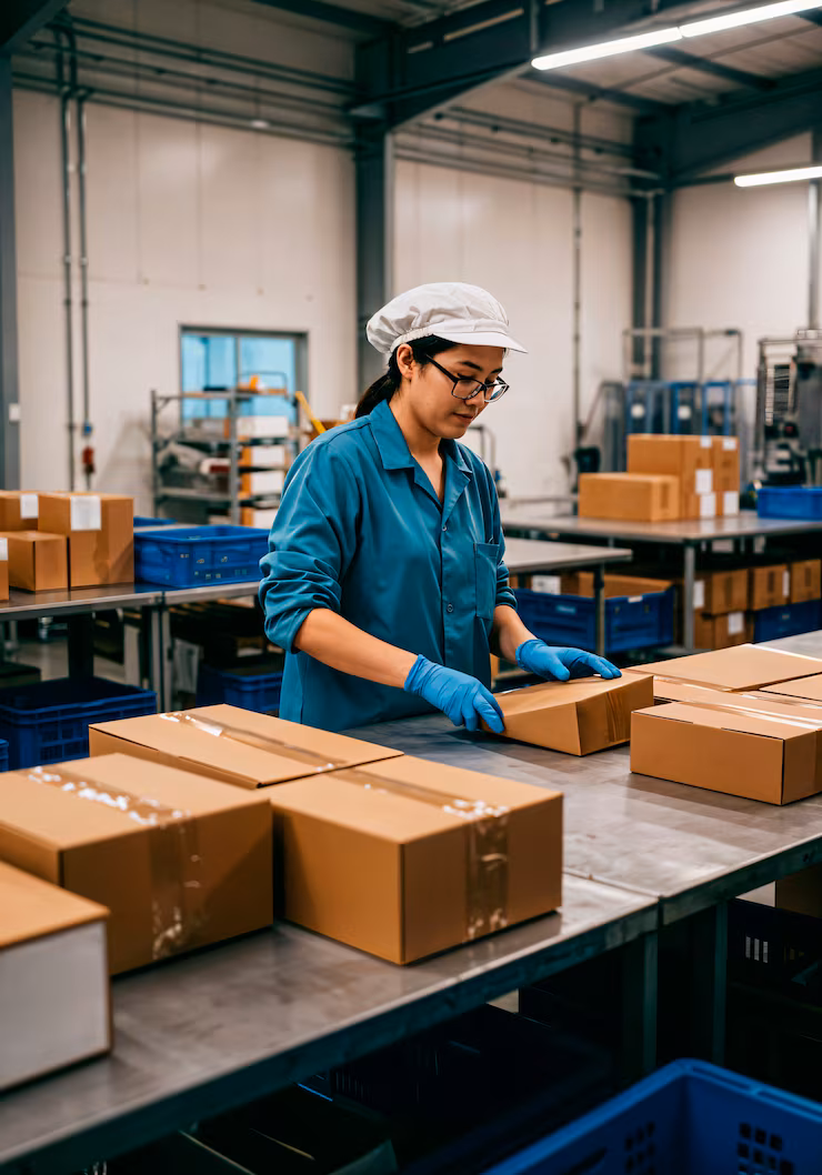 Factory worker packaging boxes for logistics and shipping.