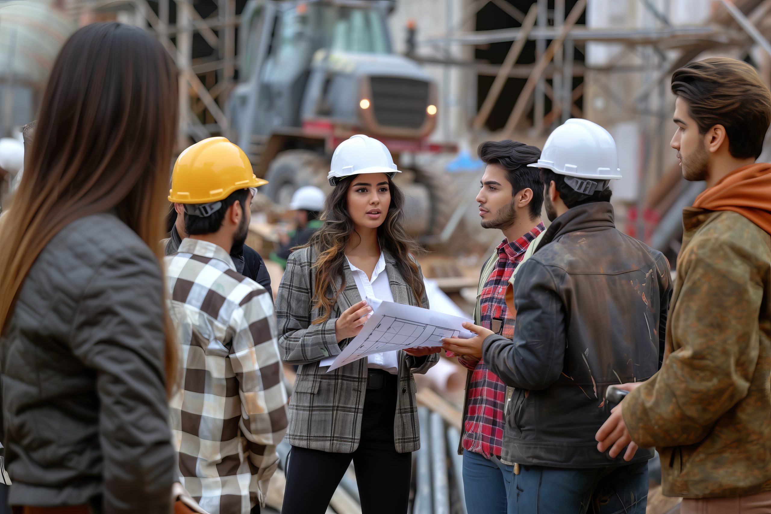 Female civil engineers wearing hard hats on a construction site.
